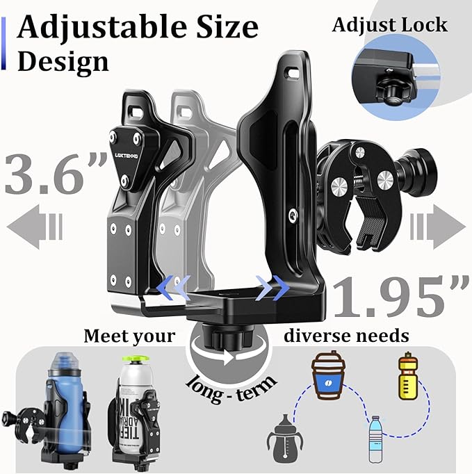 LOKTENWO Anti-Theft Motorcycle Cup Holder, Extra Large Adjustable Size Bike Water Bottle Holder for 1.95-3.6" Diameter Bottles, Bicycle Drink Cage for Handlebar & Frame Fit Scooter, Stroller, ATV