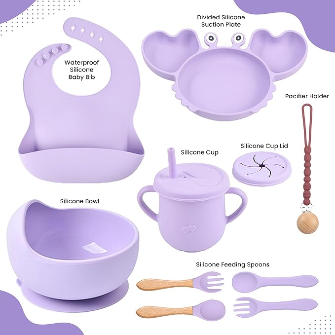 Silicone Baby Feeding Set 14 Pcs | Baby Led Weaning Supplies | Baby Spoons Suction Bowl Divided Plate Bib Cup | First Stage Solid Food Eating Utensils - 6+ Months (Purple)