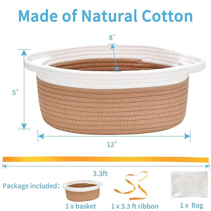 ABenkle Small Basket with Gift Bags and Ribbons, Empty Gift Baskets for Mother's Day, Decorative Boho Rope Woven Nursery Storage Organizer Toy Baskets with Handle for Baby Showers, 12"X 8" X 5"