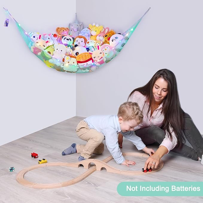 Unicorn Castle Stuffed Animals Net or Hammock Kids Toy Storage Organizer with LED Light Hanging Corner Stuffed Animals Holder Kids Girls Room Decor,Green,Large (Pack of 1)