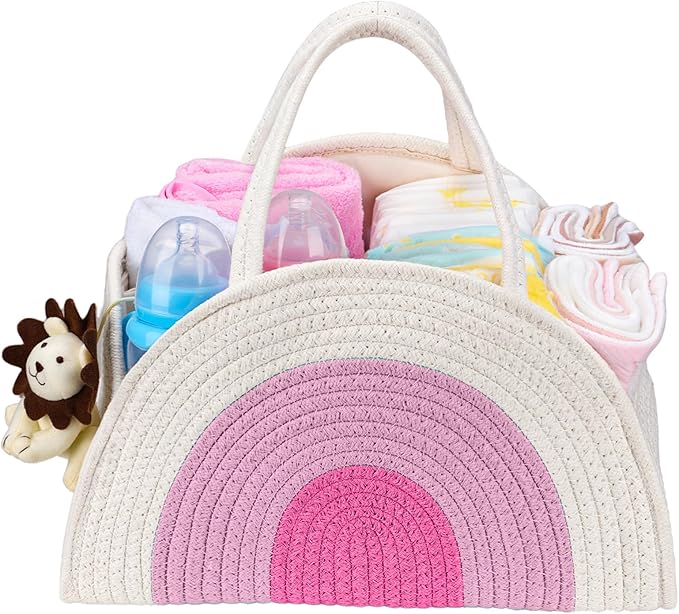 JMBNH Baby Diaper Caddy- With Removable Dividers, Nursery Storage Bin and Car Organizer,Boy & Girl Shower Gift Basket,Portable Organizer,Nursery Essentials-Rainbow Pink