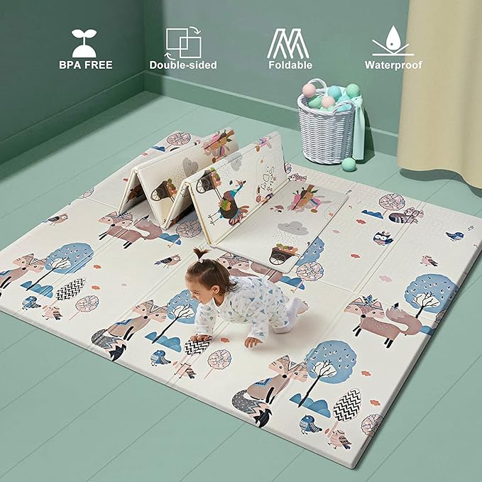 UANLAUO Foam Play Mat for Baby - Foldable Play Mats for Floor 59" x 59" Thick Foam Mats for Kids Reversible Educational Crawling Mat for Infants 6-12 Months & Toddlers, Easy Clean Playmat