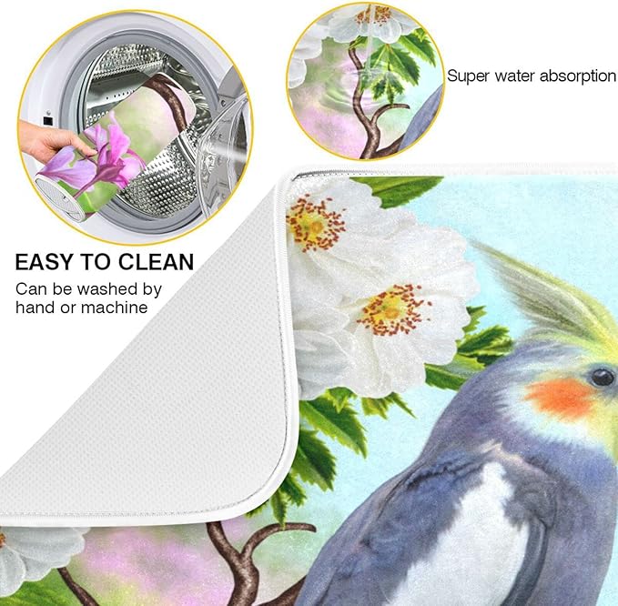 Absorbent Dish Drying Mat for Kitchen Counter - Parrot Peach Blossom Flowers Microfiber Drying Pad, Reversible Drainer Mats for Countertop, Large 18" x 24"