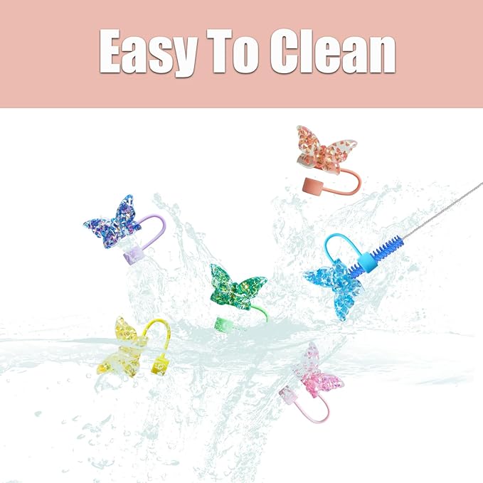 6Pcs 10mm Sparkling Butterfly Straw Cover for Stanley Cup,Dust-Proof Straw Topper for 30&40 oz Tumblers and Water Bottles,Reusable Tumbler Cup Accessories for Stanley，Funny Gifts for Women & Girls