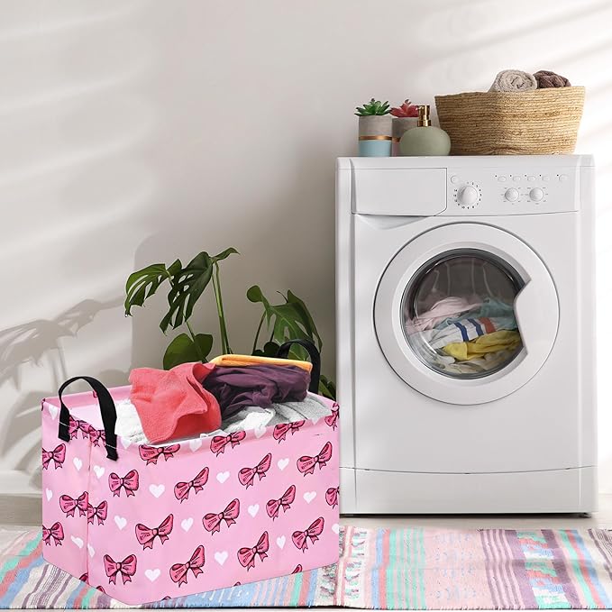 DUYIY Rectangle Pink Bowknot Gift Storage Basket Home Shelf Storage Basket Organizer Box Clothes Laundry Hamper Nursery Basket Laundry Basket with Handles