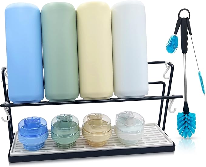 WAKUBON Bottle Drying Rack for Kitchen Countertop - Two-Tier for Water Bottles and Tumblers, Space-Saving Storage Stand with Drainage Tray, Includes Water Bottle Drying Rack Brush Cleaning Set (Black)