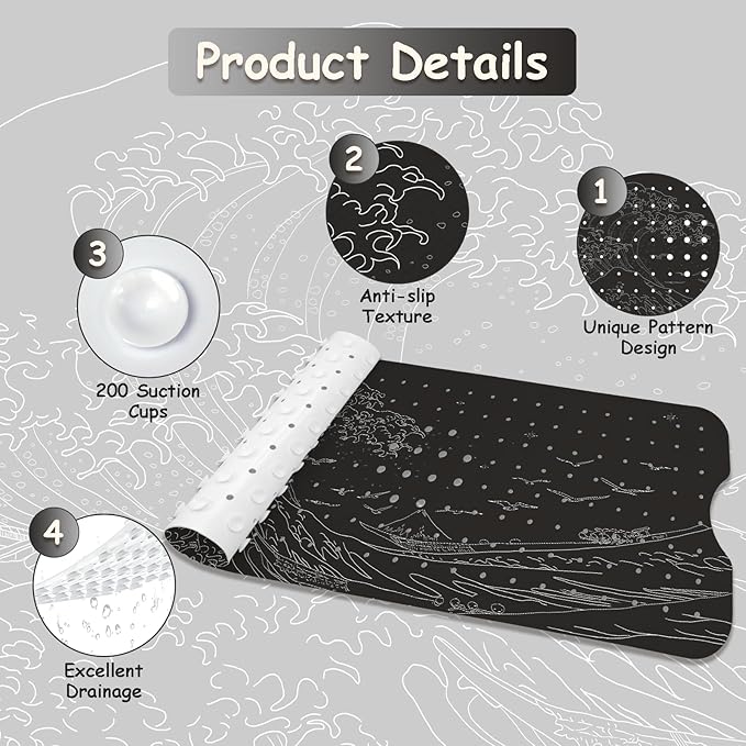 Non Slip Bathtub Mat, Flower Bath Mat for Tub, Extra Long Bathtub Mat Shower Mat with Suction Cups and Drain Holes for Elderly Kids Toddler Baby 40 X 16 Inch