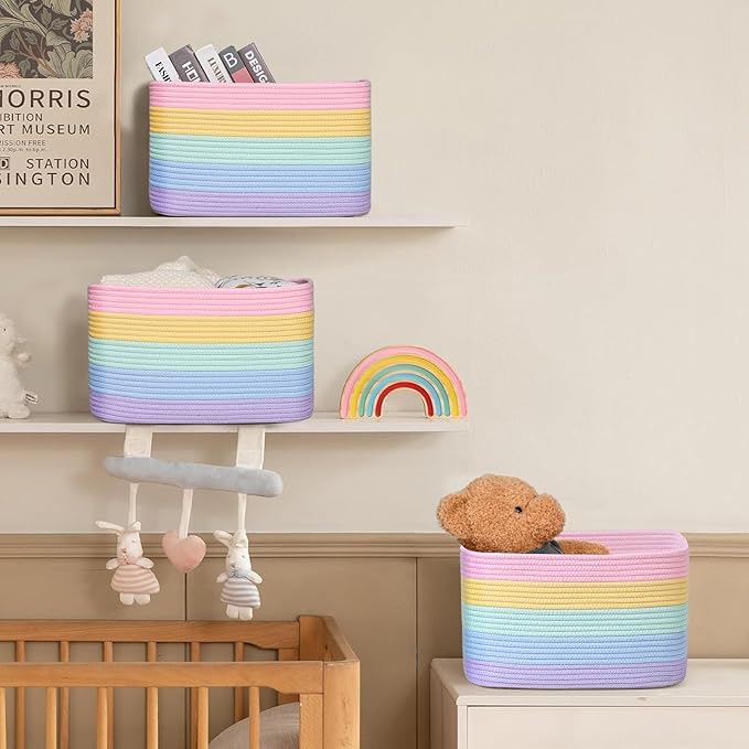 Degeyoyo Woven Storage Baskets, Rainbow Baskets for Organizing, 3 Pack Woven Basket for Storage, Storage Baskets for Shelf, Towel, Toy, Book, Closet, Baby 15"×10"×9"