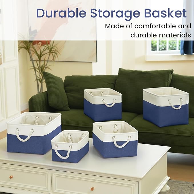 Storage Baskets for Shelves 11.8x7.9x5.2 Inch, Foldable Fabric Storage Bins with Handles, Small Storage Baskets for Organizing Closet, Office, Home Organization (6-Pack, White&Blue)