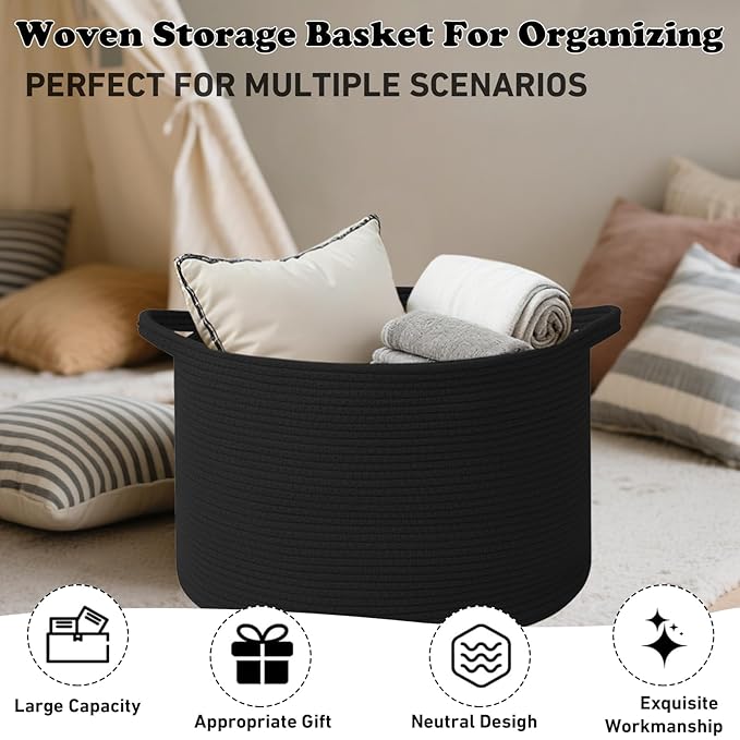 Large Storage Basket with Handle,19.7" L x 19.7" W x 13" H Blanket Basket Storage Bins for Organizing,65L Cotton Rope Woven Baskets for Living Room, Nursery,Bedroom,Black