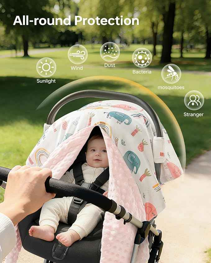 Infant Car Seat Cover Winter Minky - Baby Car Seat Canopy with Snap Peekaboo Opening, Multi-Use as Stroller Cover, Nursing Cover and Baby Blanket for Boys Girls（White）