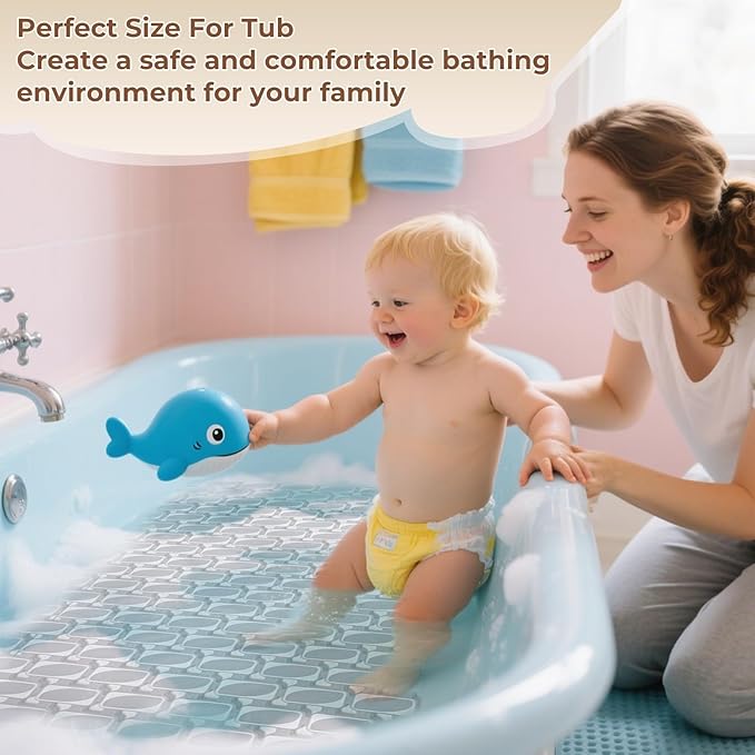 PuoWeo Bathtub Mats Non Slip for Bathroom with Suction Cups and Drain Holes 27.6 * 15.7 Inch Shower Mat for Inside Shower, Quick Dry Bath Mat for Baby Kids Seniors, Easy to Cut Easy Dry