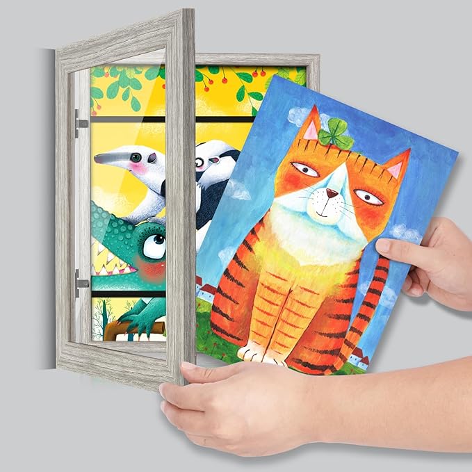 [2-Pack] Kids Art Frames, 8.5x11 Front Opening Kids Artwork Frames Changeable, Grey Wood Grain Artwork Display Storage Frame for Wall, Holds 50 Pcs, for 3D Picture, Crafts, Children Drawing, Hanging