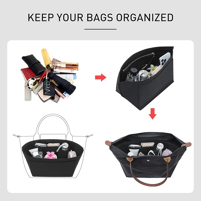 Felt Longchamp Bag Organizer Insert Compatible with Long Champ Le Pliage L Tote Bag & M Handbags, Zipper Purse Organizer Insert with Cup Holder, 8 Compartments, Custom Divider (Black,L)