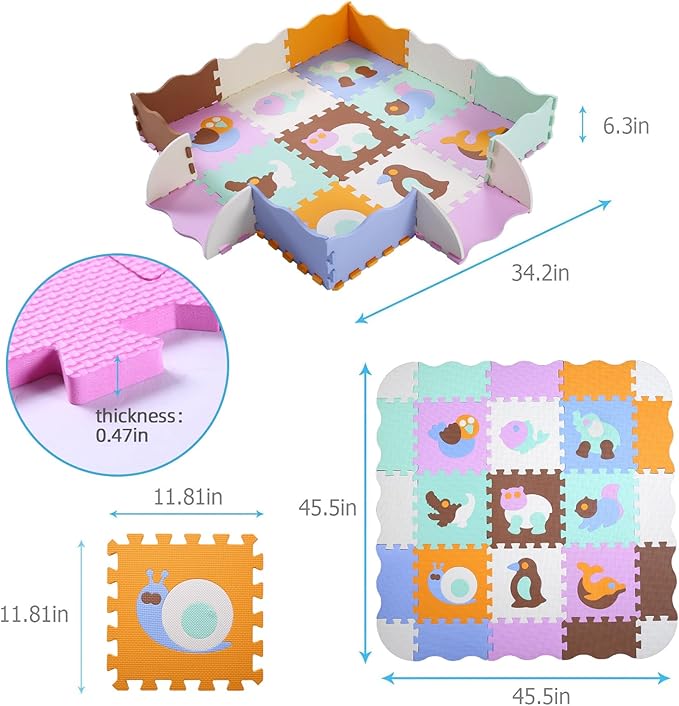 Tamiplay Foam Play Mat for Kids，25Pcs Square Interlocking Puzzle Floor Mat，Baby Play Mat Floor Mat Foam Puzzle Playmat for Toddlers with Fence（Animal-CSH007