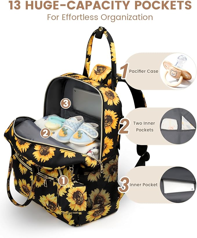 Pritent Diaper Bag Backpack,Baby Essentials Diapers Bag with Pacifier Case,Multipurpose Stylish Large Capacity Travel Backpack for Baby Girl/Boy(M-Sunflower)