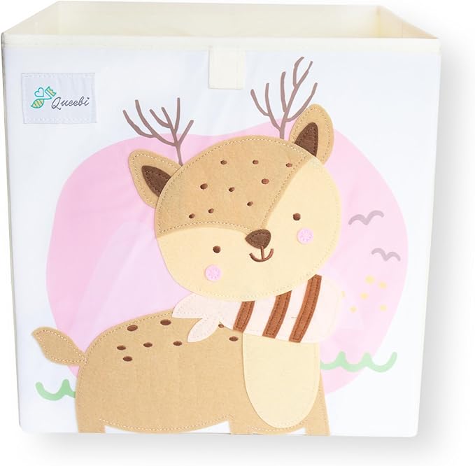 Queebi Storage Cube- Organizer for Nursery, Playroom, Bedroom, Closet. Foldable Box 13x13x13 inches. Children's Toy Box, Diaper Caddy, Clothing Basket, Book Bin, Baby Essentials & Gift (Deer)