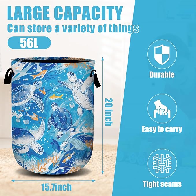 Sea Turtle Laundry Basket, Ocean Fish Coral Laundry Hamper Collapsible Oxford Cloth with Handle Clothes Toy Storage Bin for Bathroom Laundry Room Bedroom 15.7 X 20 Inch