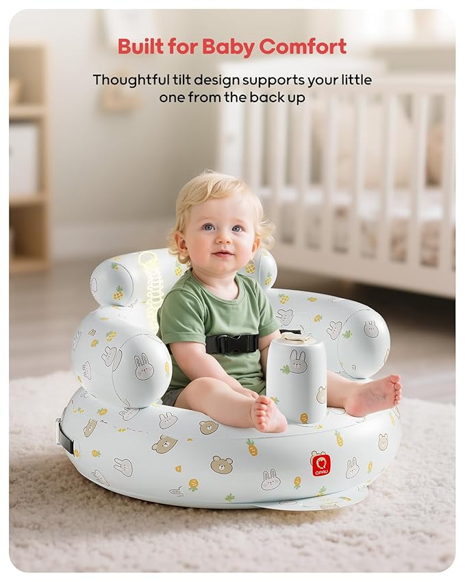 QPAU Inflatable Baby Seat with Safety Harness for Babies 3 Months & Up, Baby Floor Seats for Sitting Up, Baby Seats for Infants, Blow Up Baby Chair with Built in Air Pump (Rabbit and Bear)