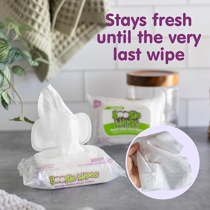 Saline Nose Wipes by Boogie, for Baby & Kids, Face, Hand & Body, Made with Vitamin E, Aloe, and Natural Saline, Unscented, 30 Count (Pack of 12)