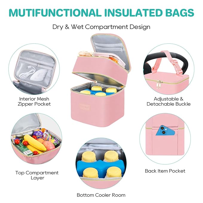 PIIOSER Insulated Baby Bottle Tote Bags with Ice Pack, Fits 4 Baby Bottles Up to 5 Ounce, Portable Breastmilk Cooler Travel Bag with Buckle for Nursing & Working Mom Daycare(Pink-XS)