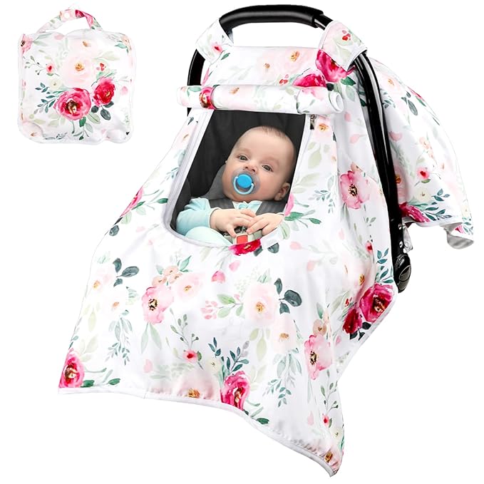 Car Seat Covers for Babies Girl, Winter Carseat Seat Cover for Newborns, Carseat Canopy Cozy & Warm Cover, Carrier Cover with Peep Windows, Pink Flower Rose