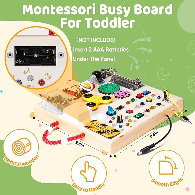 GNAYUIJ Montessori Wooden Busy Board Toys for 1 2 3 Boys Girls,Toddler Sensory Educational Fidget Board Travel Toy with LED Light Up Switches & Music Boxes, Locks for Kids Gifts