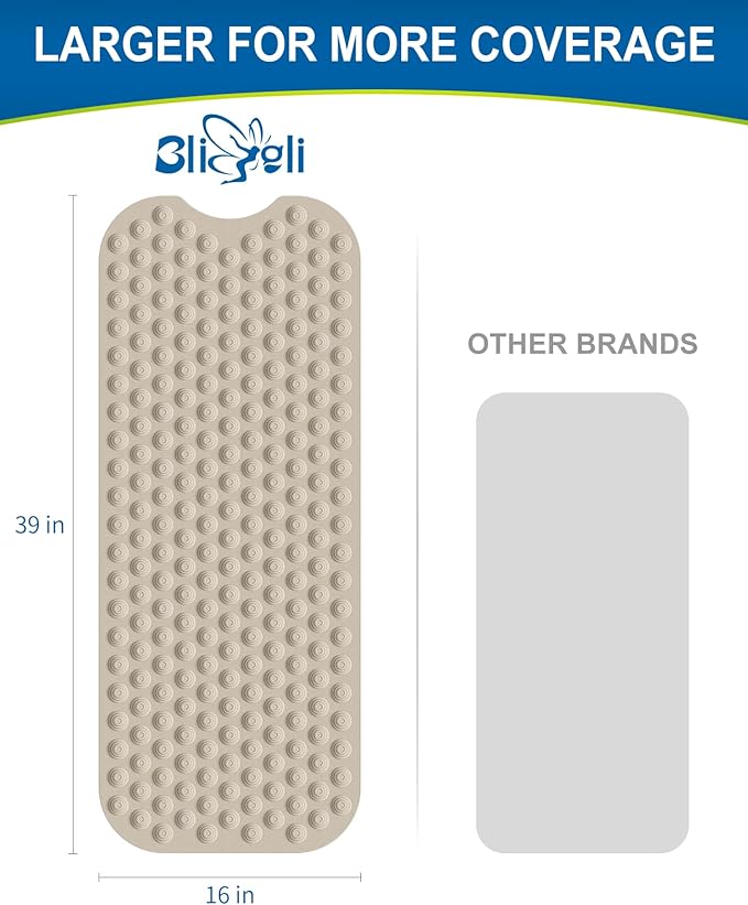 Bathtub Mat Non-Slip Without Suction Cups, 39x16inch Extra Long Bath Mats for Shower Bathroom, Machine Washable Natural Rubber Shower Tub Mat (39x16inch, Brown)