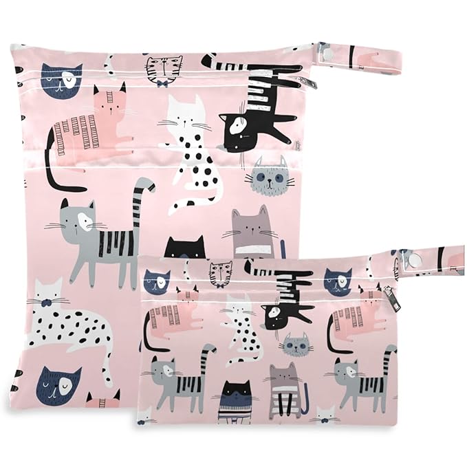 visesunny Cute Cat Dot 2Pcs Wet Bag with Zippered Pockets Washable Reusable Roomy for Travel,Beach,Pool,Daycare,Stroller,Diapers,Dirty Gym Clothes, Wet Swimsuits, Toiletries