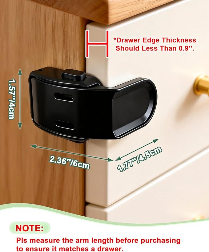 6 Pack Drawer Locks Black, Roctee Baby Proofing Lock for Right Angle Drawer Pull Out Thin Dresser Kitchen Cabinet Bedside Tables, Safety Latch Child Proofing 0-12 Month