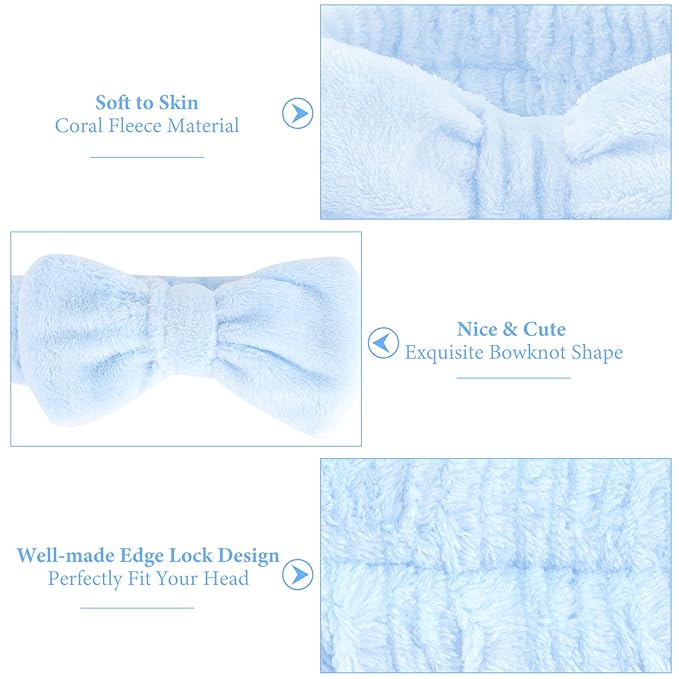 Ondder Spa Headbands for Women, Bow Makeup Skincare Headbands for Washing Face, Pink and Blue, Soft Coral Fleece, 8 Pack