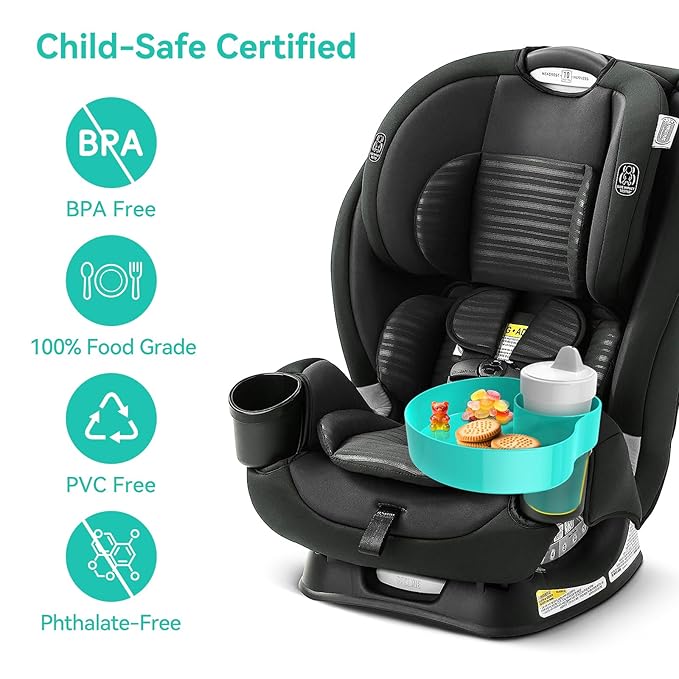 Car Seat Cup Holder Snack Tray: Travel Tray for Kids Car Seat Tray for Kids Travel, Console Cup Holder Food Drink Tray, Toddler Road Trip Travel Essential Accessories, Teal