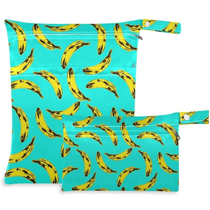 visesunny Bananas 2Pcs Wet Bag with 2 Zippered Pockets Snap Handle Washable Reusable Roomy for Travel,Beach,Pool,Daycare,Stroller,Diapers,Dirty Gym Clothes, Wet Swimsuits, Toiletries