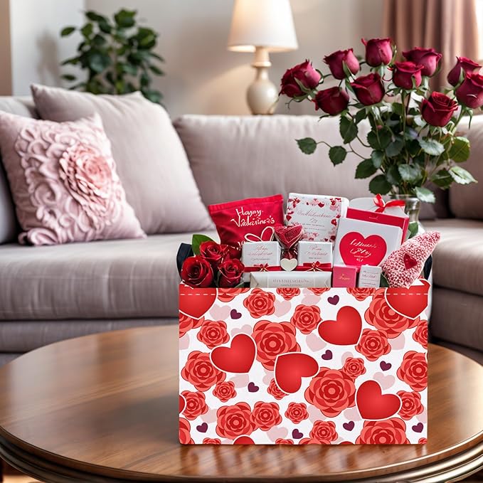 ASKETAM Valentine's Day Basket for Gifts Empty Cute Heart Large Gift Basket Decorative Storage Bin for Kid and Baby Room Décor (Red Love Rose)