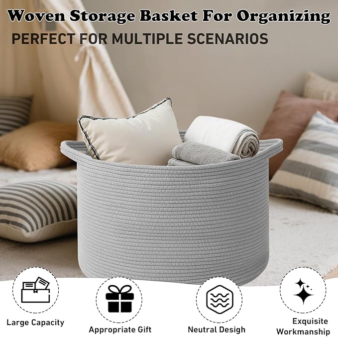 Large Storage Basket with Handle,19.7" L x 19.7" W x 13" H Blanket Basket Storage Bins for Organizing,65L Cotton Rope Woven Baskets for Living Room, Nursery,Bedroom,Light Gry