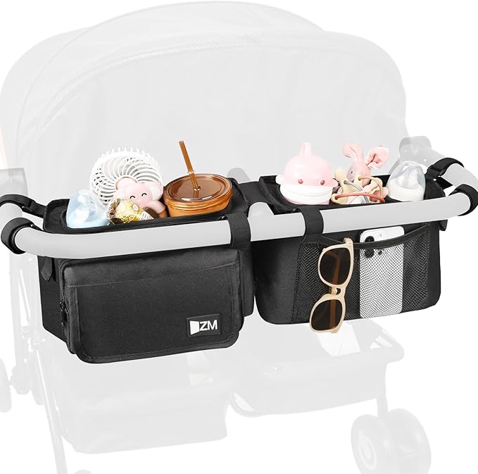 ZZM Double Stroller Organizer with 2 Cooler Pockets,Compatible for Bob Duallie, Jeep and Baby Jogger City Mini GT2, Double Baby Stroller Accessories, Parent Console Double Jogging Stroller Organizer