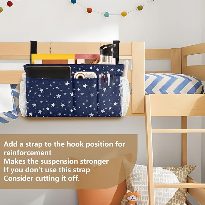 Bedside Caddy Hanging Bunk Bed Caddy Bed Organizer Hanging Pocket with 2 Hooks Bedside Storage Organizer Pocket Bag Holder Stars Dark Blue