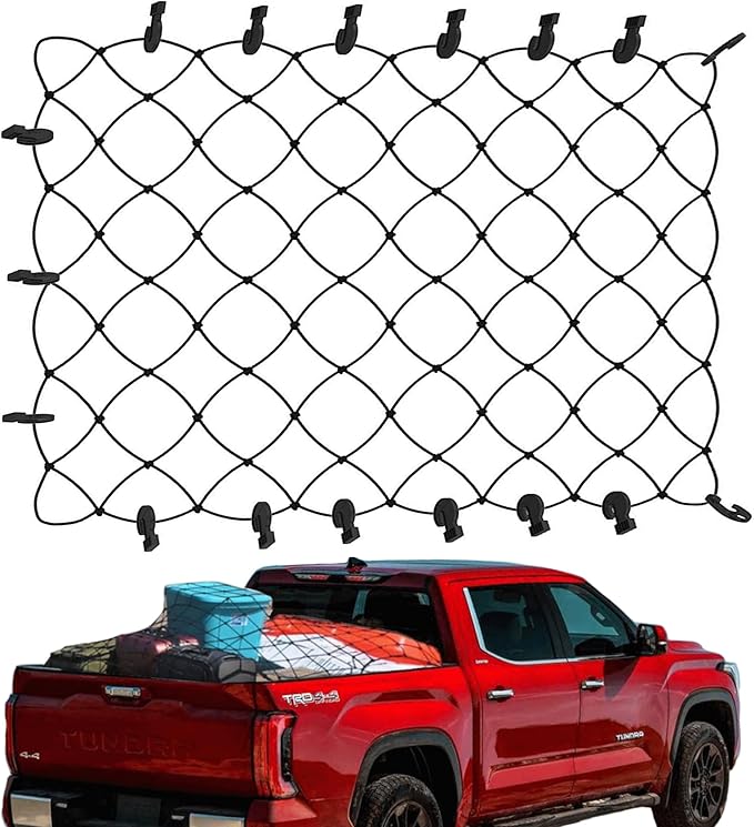 TacoNets Cargo Net for Toyota Tundra - Fits 2007-2025 - Patented Bed Rail Integration - Heavy Duty 8mm Premium Bungee 4'x6' Cargo Netting - Designed in USA