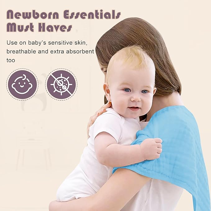 Ease Cubs Muslin Burp Cloths Large 100% Cotton Hand Washcloths for Boys & Girls, Baby Essentials Extra Absorbent and Soft Burping Rags for Newborn Registry (Aqua, 12-Pack, 20" X10")