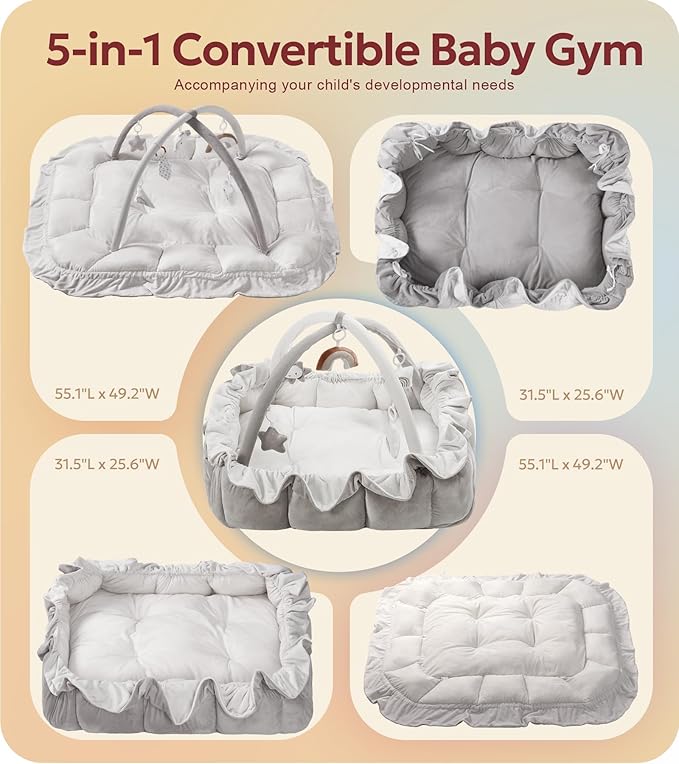 Mallify 5-in-1 Plush Baby Play Gym, Baby Play Mat, Convertible Baby Gym with Blanket and 6 Toys, Tummy time mat, Baby Activity Center from Newborn to Toddler, Baby Gym, Baby Newborn Essentials, Grey