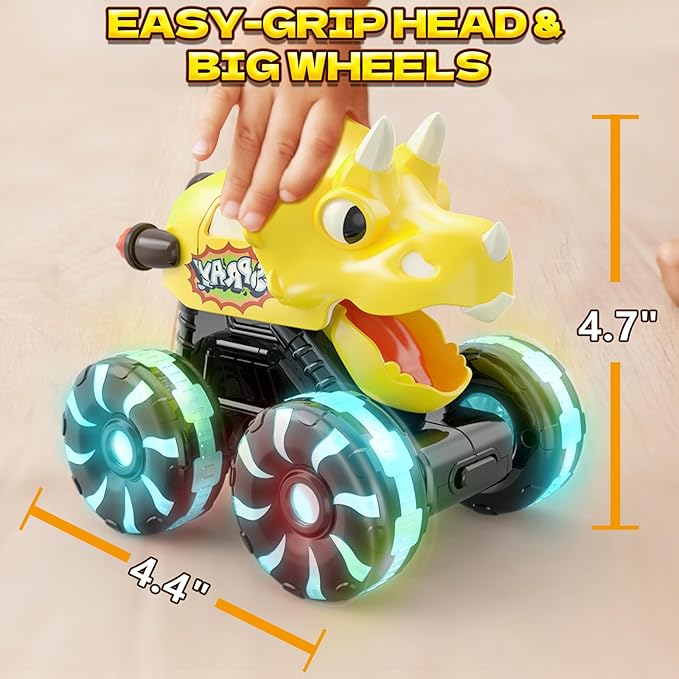 Intoypad Yellow Triceratops Dino Monster Truck – Toddler Push Car Toy with LED Wheels – Press & Go Dinosaur Toy Vehicle for Kids Ages 2 3 4 5 – Chomping Mouth Light-Up Action Toy for Boys Girls