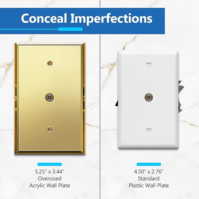 LIDER Reflective Acrylic 0.406" Diameter Hole Phone Cable Wall Plate, Mirrored Cable Plate, Acrylic Glass, Oversized 1-Gang 5.25" x 3.44", LWP-41O-AGD5P, Gold