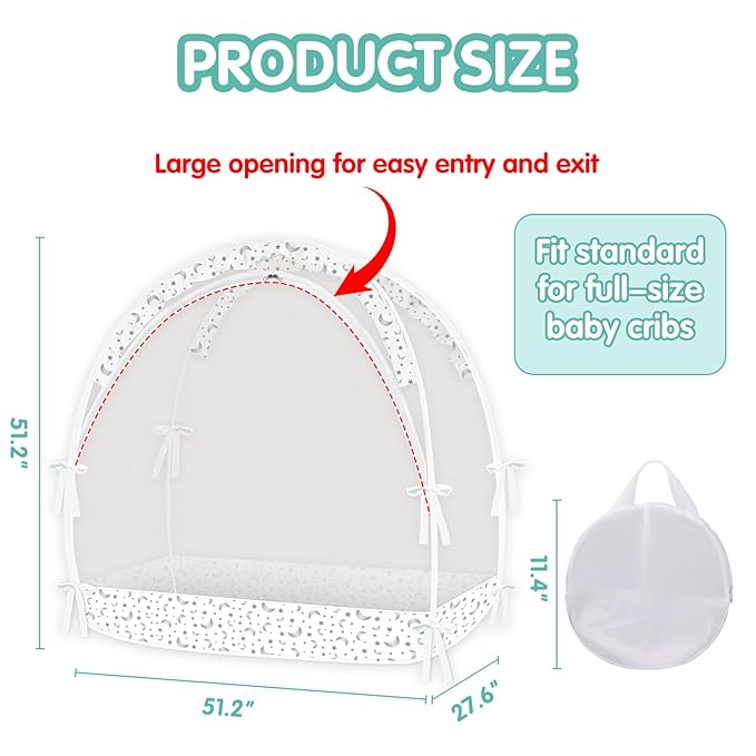 Crib Tent - Crib Net to Keep Baby in, Stop Baby from Climbing Out of Crib, Pop Up Crib Tent with Durable Breathable Net Double Zipper Strong Rods Installation Convenience (Gray Stars & Moons, Large)