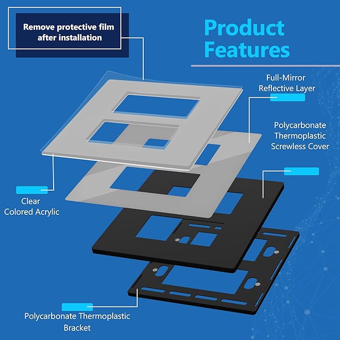 LIDER Double Decorator Wall Plate, Impact Resistant, Mirrored Acrylic, Plexiglass, Reflective Finish, Modern Upgrade, Screwless Light Switch/Outlet Cover Mid-Size 2-Gang, 4.88" x 4.92, Acrylic Silver