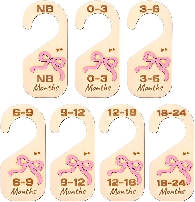 Bnesi Wooden Closet Dividers Wooden Bow Dividers for Closet Set of 7 Newborn Clothes Size Hanger Dividers from Newborn to 24 Months Pink Nursery Decor (Relaxing)