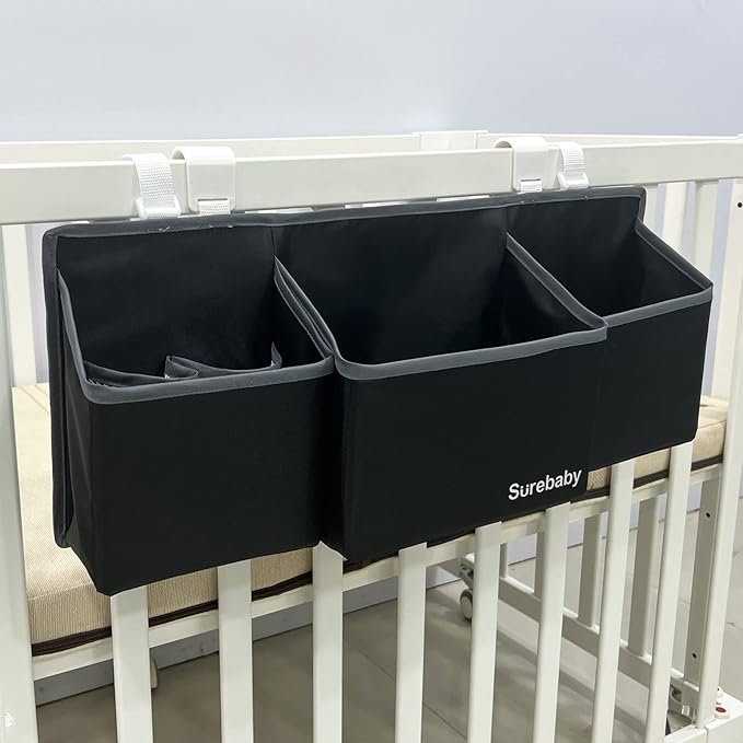 Hanging Baby Diaper Caddy, 3-in-1 Changing Table Diaper Organizer Holder For Baby Crib, Nursery Organization Diaper Stacker Storage For Crib, Changing Table-Black