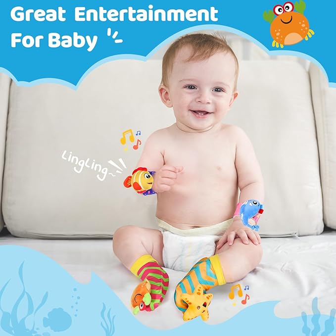 URMYWO Wrist Rattles for Baby - Rattle Socks - Foot Finder Set - Baby Toys for 0-12 Months Infant - Newborn Essentials - Early Learning Sensery Toys for Boys and Girls as Shower Gifts Stocking Stuffer
