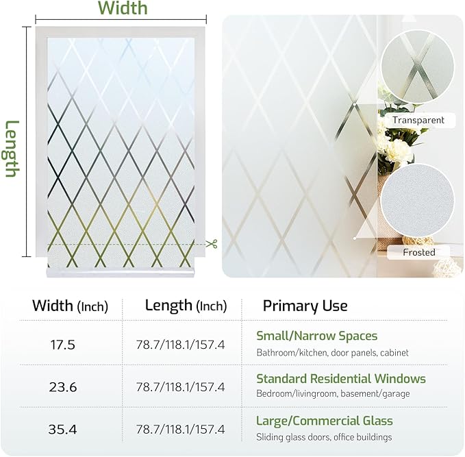 LUTE Frosted Glass Window Privacy Film, Static Cling Non-Adhesive Heat Control Window Cover, Removable Decorative Frosting Decals for Home Office, Lattice Pattern, 23.6" x 118.1"