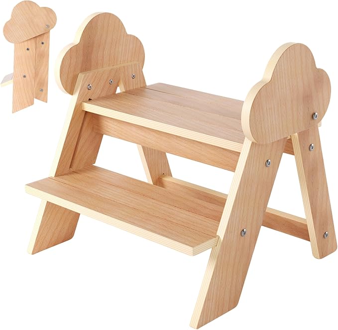 Novarieth Beech Wooden Toddler Step Stool, 2-Step Foldable Stool for Kids with Non-Slip Surface, Baby Bathroom Stool for Potty Training, Bathroom Sink, Kitchen Counter with Cute Cloud Design
