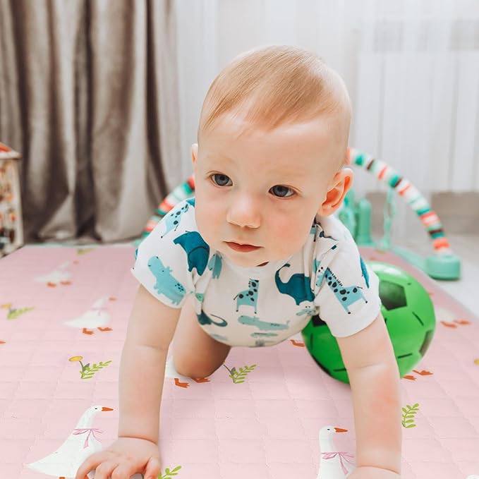 Funtery 43 x 43 Inch Baby Playmat Portable Crawling Washable Foldable Tummy Time Non Slip Baby Floor Large Playpen Mat for Infants Toddlers Floor Playpen Activity (Goose)